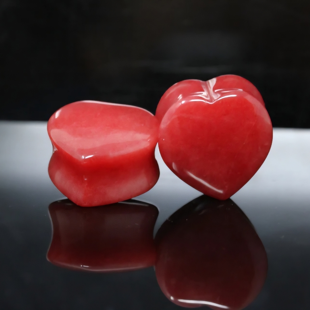 Red Jade Heart Plugs – 19mm (3/4") Double Flare – Natural Stone
